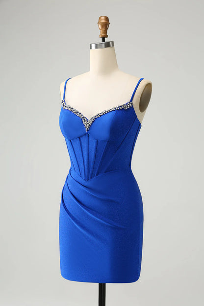 Amzcw Royal Blue Glitter Corset Spaghetti straps Tight Homecoming Dress with Beading