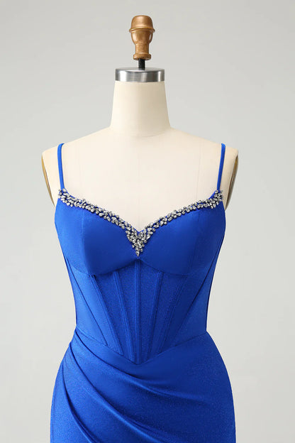 Amzcw Royal Blue Glitter Corset Spaghetti straps Tight Homecoming Dress with Beading