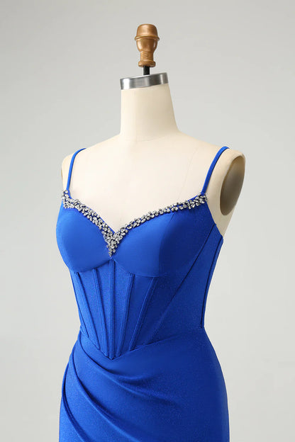Amzcw Royal Blue Glitter Corset Spaghetti straps Tight Homecoming Dress with Beading