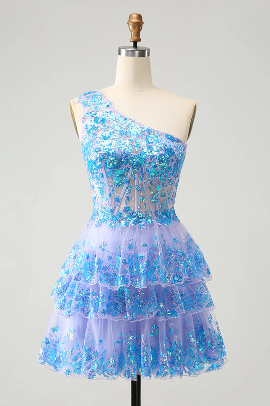 Amzcw Glitter Light Blue A Line One Shoulder Corset Tiered Short Homecoming Dress