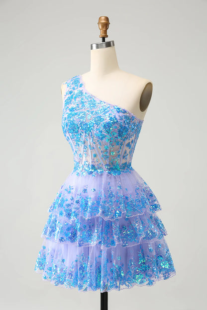 Amzcw Glitter Light Blue A Line One Shoulder Corset Tiered Short Homecoming Dress