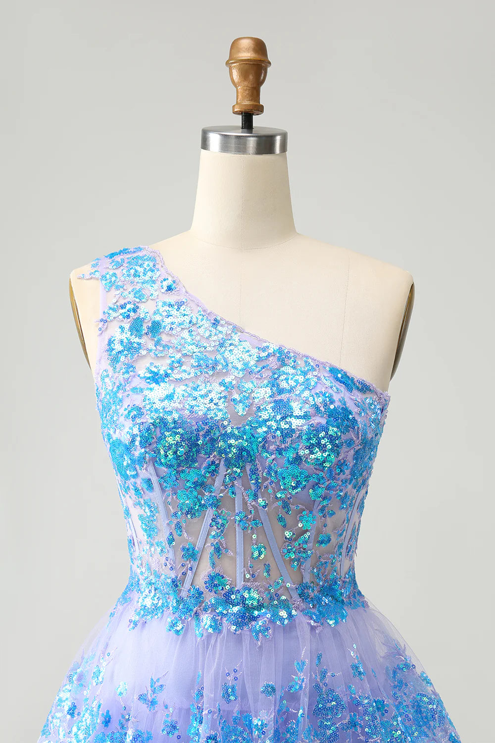 Amzcw Glitter Light Blue A Line One Shoulder Corset Tiered Short Homecoming Dress