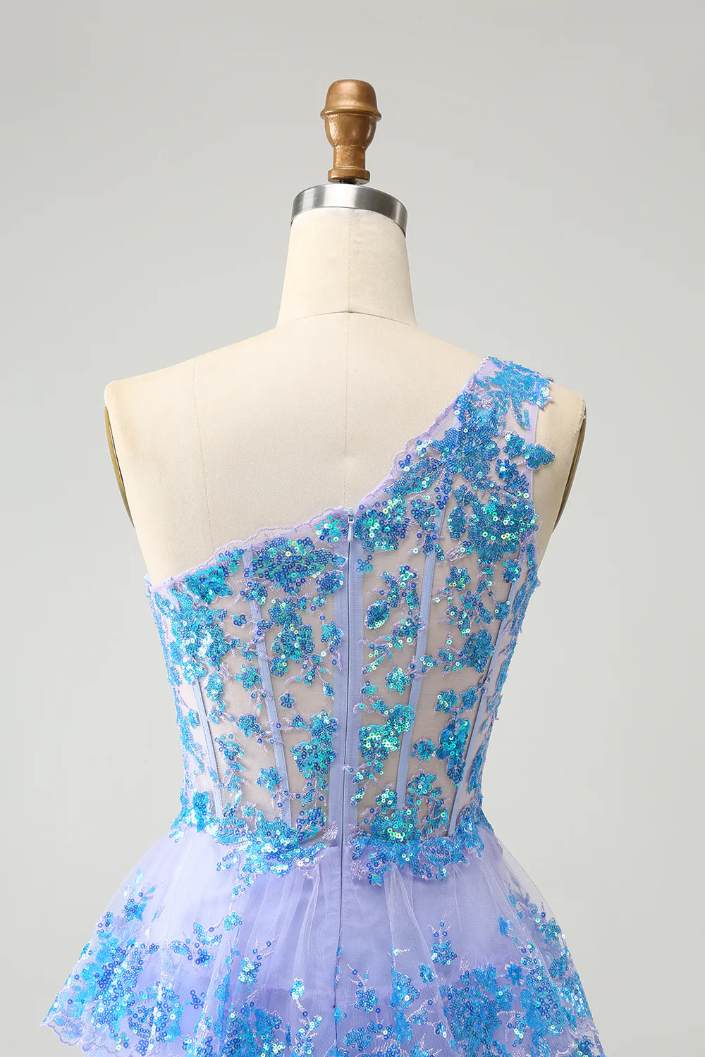 Amzcw Glitter Light Blue A Line One Shoulder Corset Tiered Short Homecoming Dress