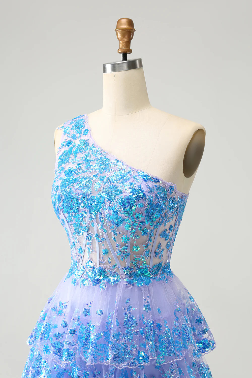 Amzcw Glitter Light Blue A Line One Shoulder Corset Tiered Short Homecoming Dress