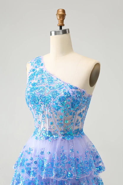 Amzcw Glitter Light Blue A Line One Shoulder Corset Tiered Short Homecoming Dress