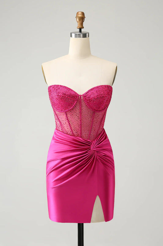 Vestido de fiesta ajustado con corsé plisado, sin tirantes y con purpurina rosa intenso de Amzcw con cuentas 