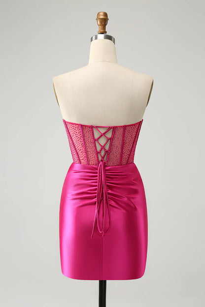 Vestido de fiesta ajustado con corsé plisado, sin tirantes y con purpurina rosa intenso de Amzcw con cuentas 
