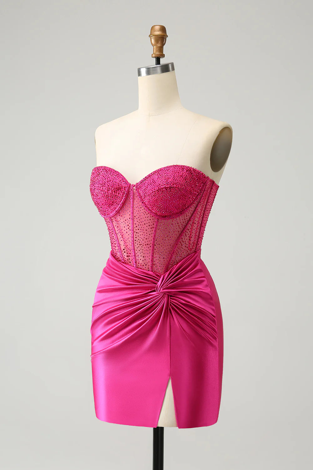 Vestido de fiesta ajustado con corsé plisado, sin tirantes y con purpurina rosa intenso de Amzcw con cuentas 