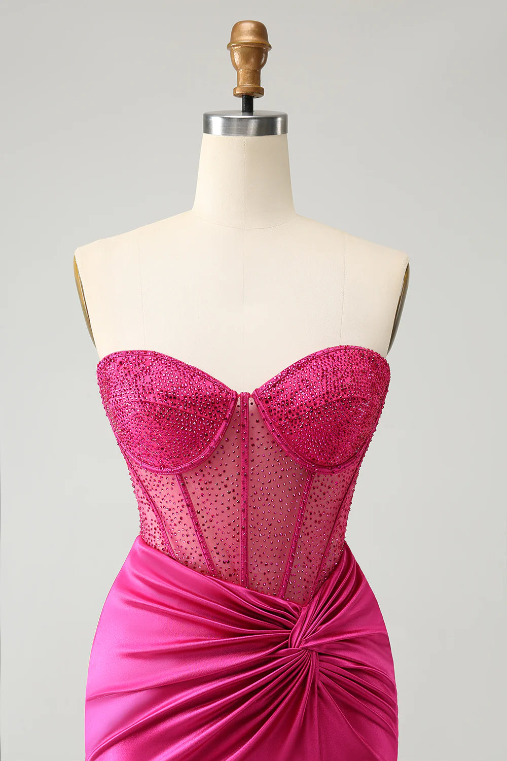 Vestido de fiesta ajustado con corsé plisado, sin tirantes y con purpurina rosa intenso de Amzcw con cuentas 