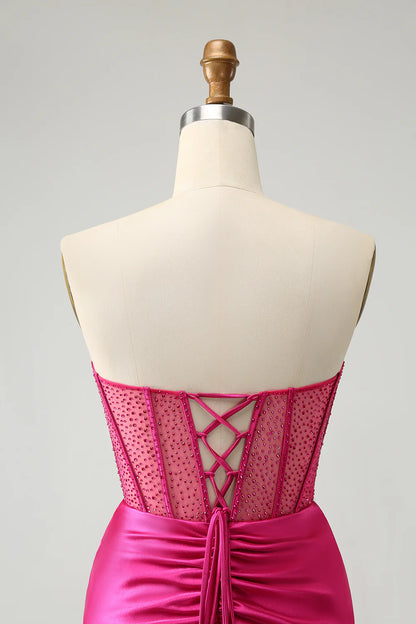 Vestido de fiesta ajustado con corsé plisado, sin tirantes y con purpurina rosa intenso de Amzcw con cuentas 
