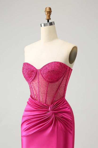Vestido de fiesta ajustado con corsé plisado, sin tirantes y con purpurina rosa intenso de Amzcw con cuentas 
