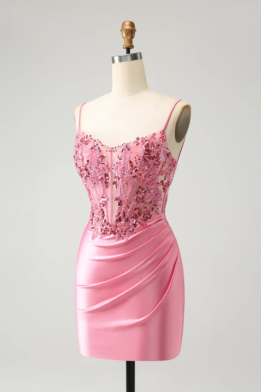 Amzcw Sparkly Pink Glitter Spaghetti Straps Sequins Pleated Corset Homecoming Dress