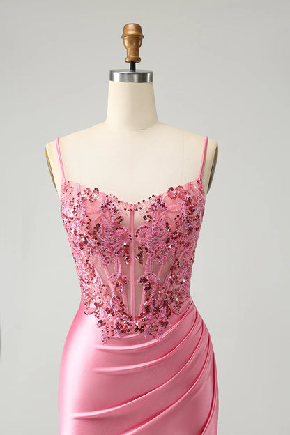 Amzcw Sparkly Pink Glitter Spaghetti Straps Sequins Pleated Corset Homecoming Dress