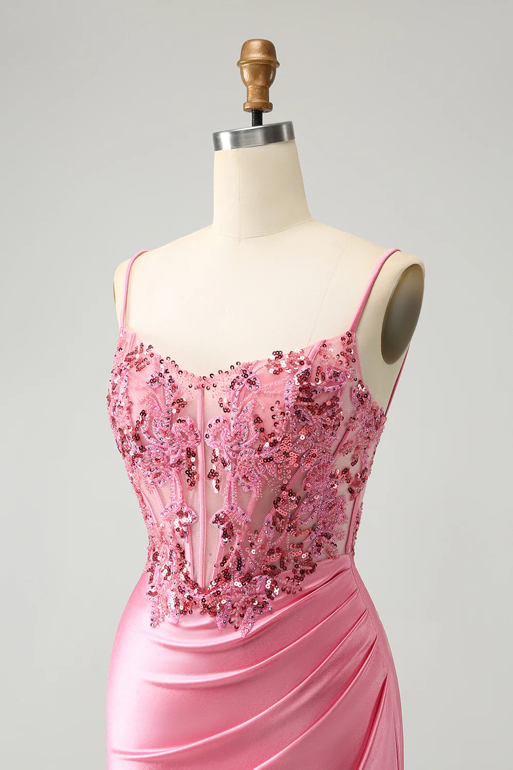 Amzcw Sparkly Pink Glitter Spaghetti Straps Sequins Pleated Corset Homecoming Dress