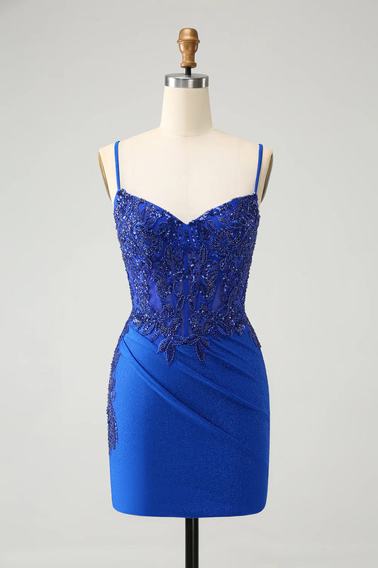 Amzcw Royal Blue Glitter Beading Corset Homecoming Dress