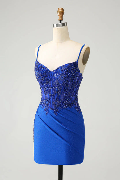 Amzcw Royal Blue Glitter Beading Corset Homecoming Dress