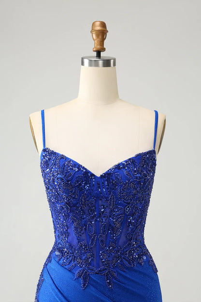 Amzcw Royal Blue Glitter Beading Corset Homecoming Dress