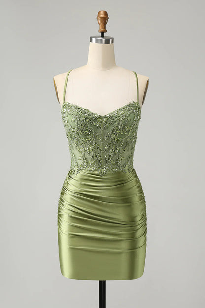 Amzcw Sparkly Light Green Spaghetti Straps Sequins Corset Homecoming Dress