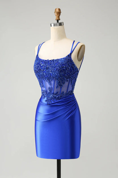 Amzcw Sparkly Royal Blue Beading Corset Homecoming Dress