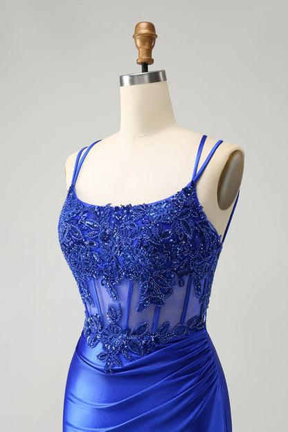 Amzcw Sparkly Royal Blue Beading Corset Homecoming Dress