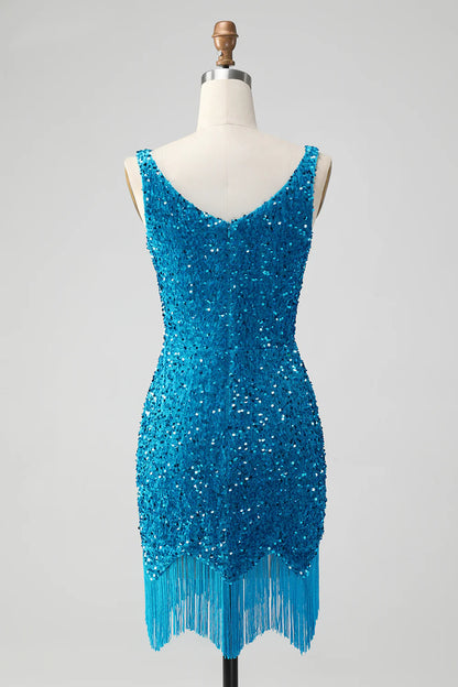 Amzcw Glitter Dark Blue Tight Spaghetti Straps Sequin Short Homecoming Dress with Tassels