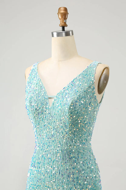 Amzcw Sparkly Sage Bodycon Spaghetti Straps Sequin Short Homecoming Dress with Tassels
