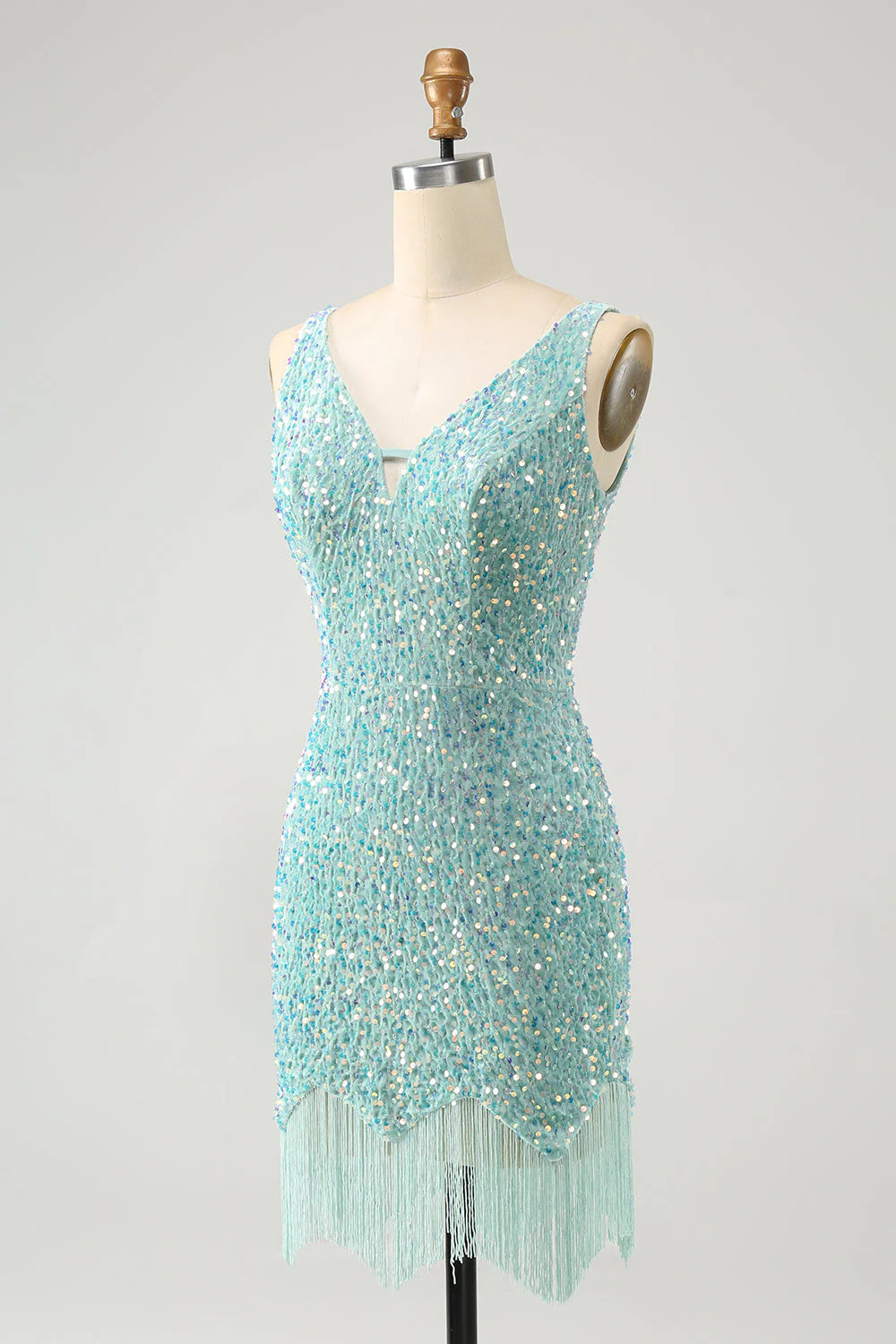 Amzcw Sparkly Sage Bodycon Spaghetti Straps Sequin Short Homecoming Dress with Tassels
