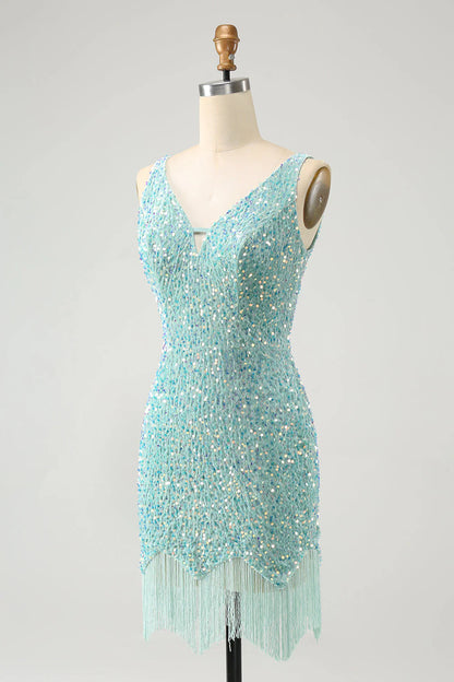 Amzcw Sparkly Sage Bodycon Spaghetti Straps Sequin Short Homecoming Dress with Tassels