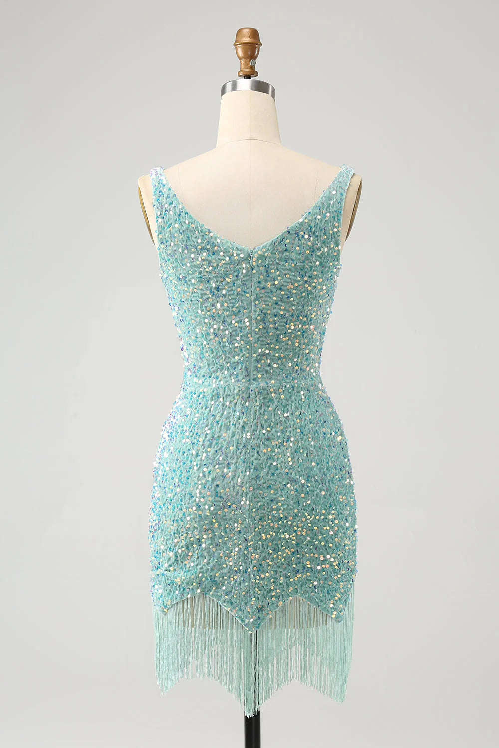 Amzcw Sparkly Sage Bodycon Spaghetti Straps Sequin Short Homecoming Dress with Tassels