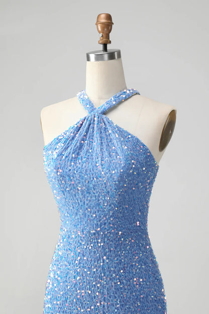Amzcw Sparkly Blue Bodycon Halter Sequin Short Homecoming Dress with Tassels