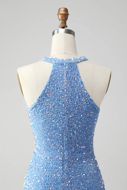 Amzcw Sparkly Blue Bodycon Halter Sequin Short Homecoming Dress with Tassels