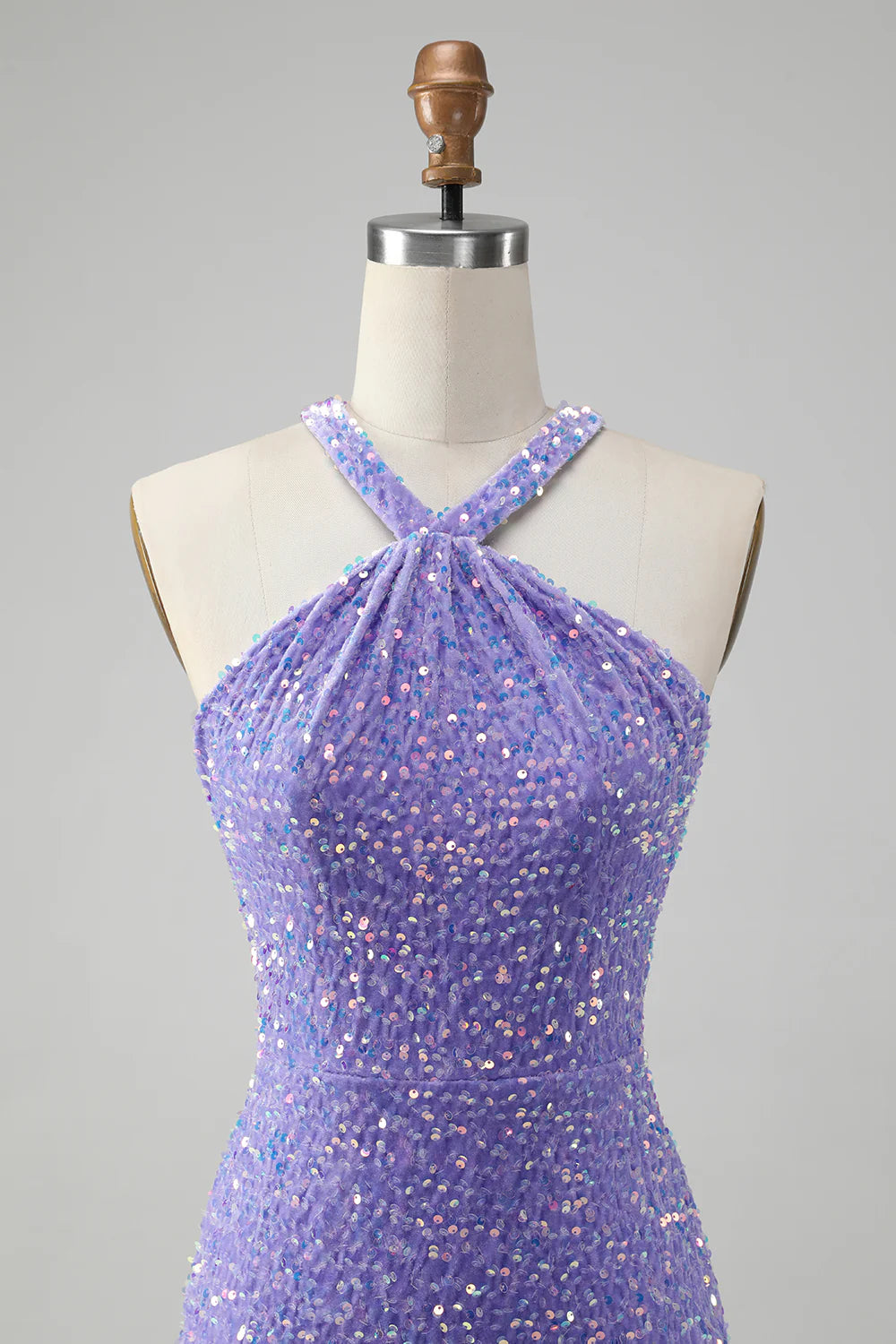 Amzcw Sparkly Lilac Bodycon Halter Sequin Short Homecoming Dress with Tassels