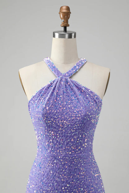 Amzcw Sparkly Lilac Bodycon Halter Sequin Short Homecoming Dress with Tassels