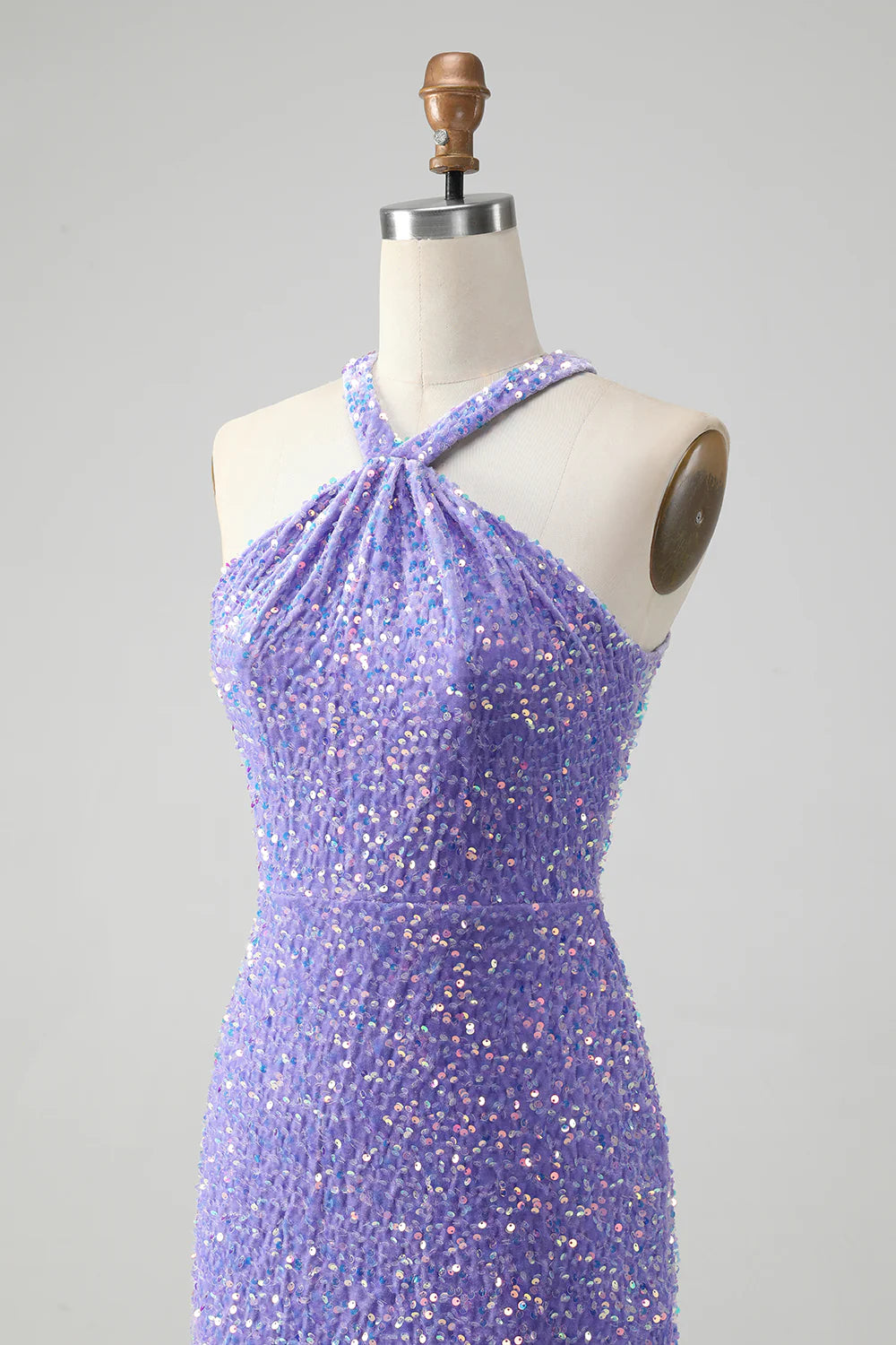 Amzcw Sparkly Lilac Bodycon Halter Sequin Short Homecoming Dress with Tassels