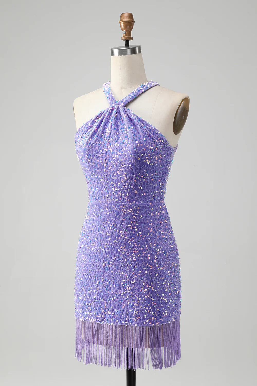 Amzcw Sparkly Lilac Bodycon Halter Sequin Short Homecoming Dress with Tassels