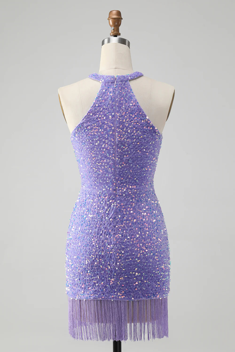 Amzcw Sparkly Lilac Bodycon Halter Sequin Short Homecoming Dress with Tassels