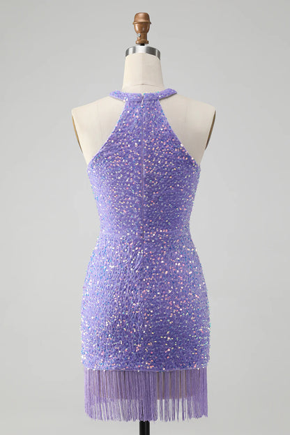 Amzcw Sparkly Lilac Bodycon Halter Sequin Short Homecoming Dress with Tassels