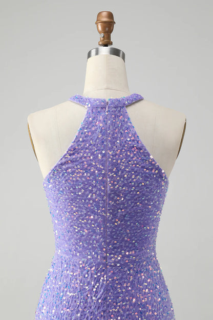 Amzcw Sparkly Lilac Bodycon Halter Sequin Short Homecoming Dress with Tassels