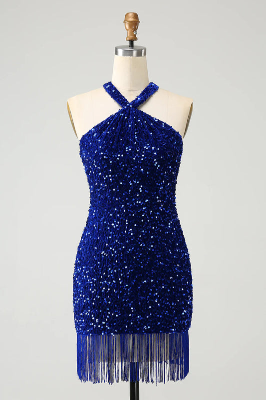 Amzcw Sparkly Royal Blue Bodycon Halter Sequin Short Homecoming Dress with Tassels
