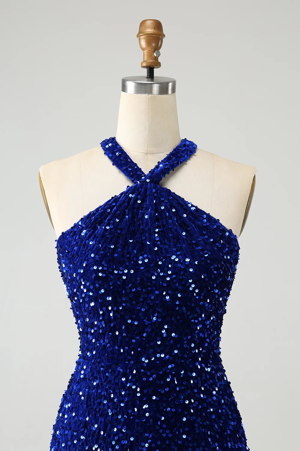 Amzcw Sparkly Royal Blue Bodycon Halter Sequin Short Homecoming Dress with Tassels