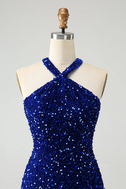 Amzcw Sparkly Royal Blue Bodycon Halter Sequin Short Homecoming Dress with Tassels