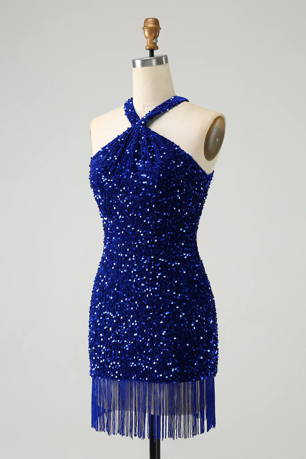 Amzcw Sparkly Royal Blue Bodycon Halter Sequin Short Homecoming Dress with Tassels