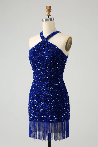 Amzcw Sparkly Royal Blue Bodycon Halter Sequin Short Homecoming Dress with Tassels