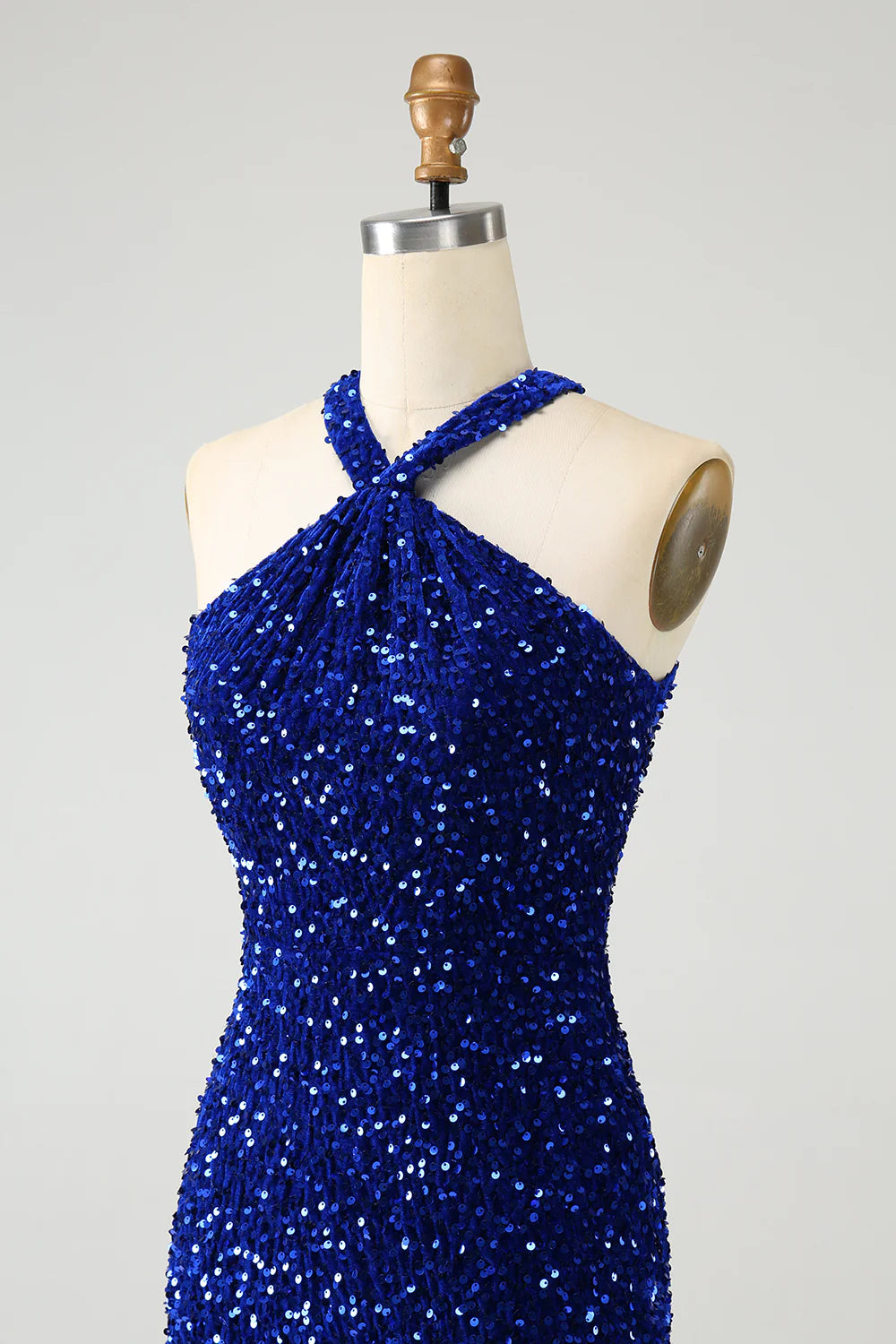 Amzcw Sparkly Royal Blue Bodycon Halter Sequin Short Homecoming Dress with Tassels