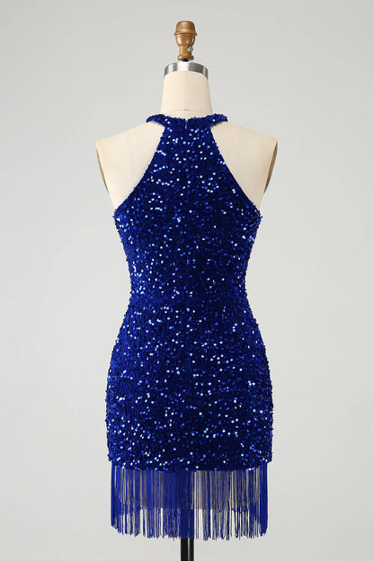 Amzcw Sparkly Royal Blue Bodycon Halter Sequin Short Homecoming Dress with Tassels