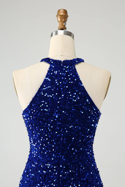 Amzcw Sparkly Royal Blue Bodycon Halter Sequin Short Homecoming Dress with Tassels