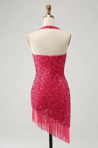 Amzcw Sparkly Fuchsia Bodycon Halter Sequin Short Homecoming Dress with Tassels