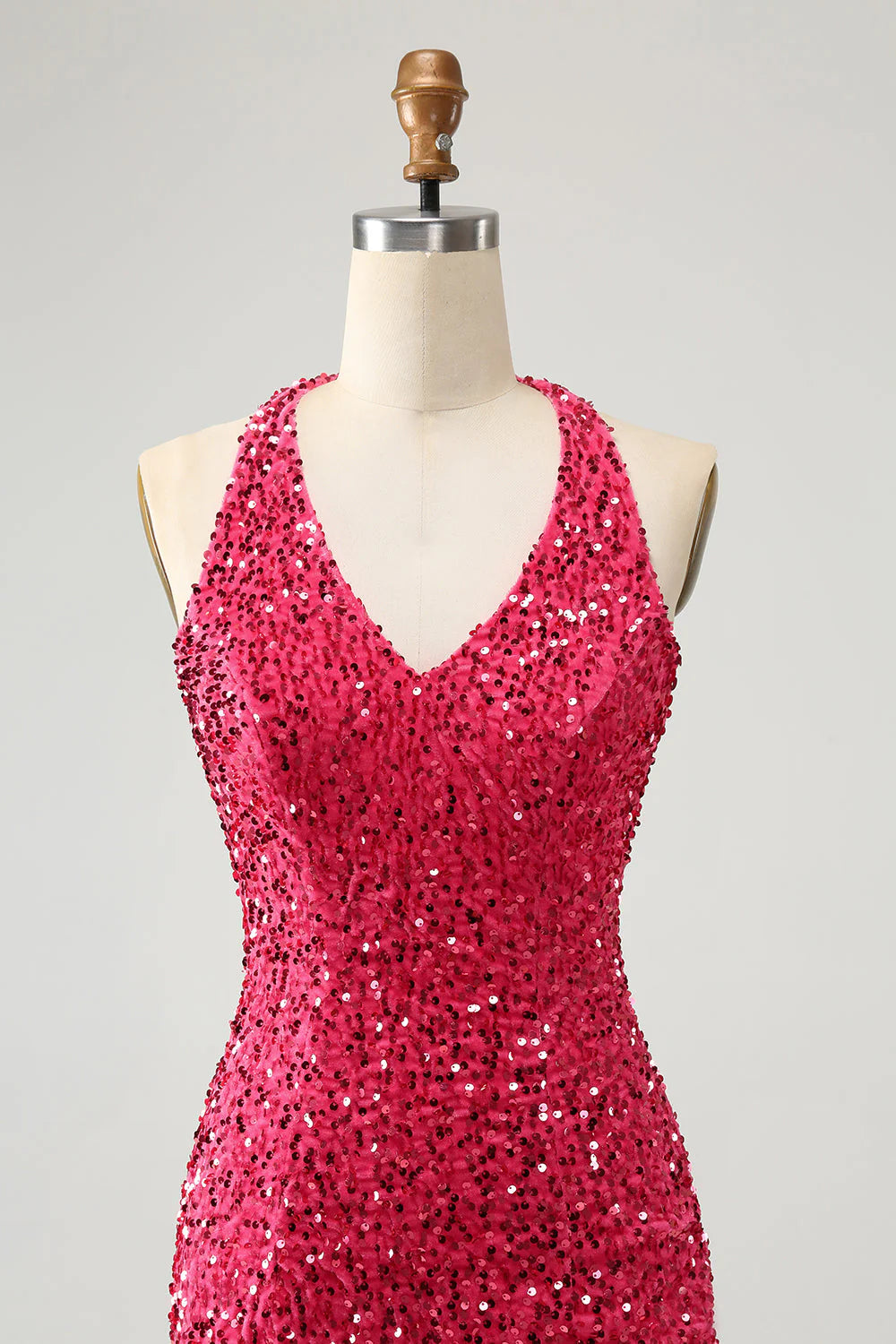 Amzcw Sparkly Fuchsia Bodycon Halter Sequin Short Homecoming Dress with Tassels