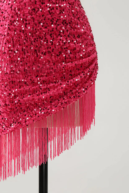 Amzcw Sparkly Fuchsia Bodycon Halter Sequin Short Homecoming Dress with Tassels