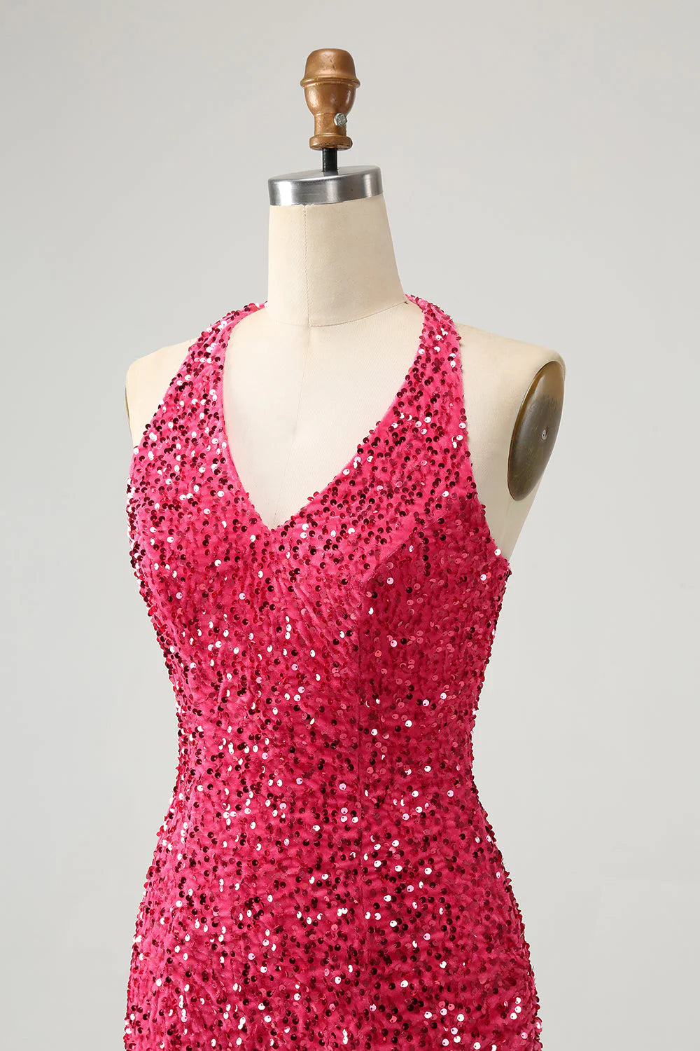 Amzcw Sparkly Fuchsia Bodycon Halter Sequin Short Homecoming Dress with Tassels